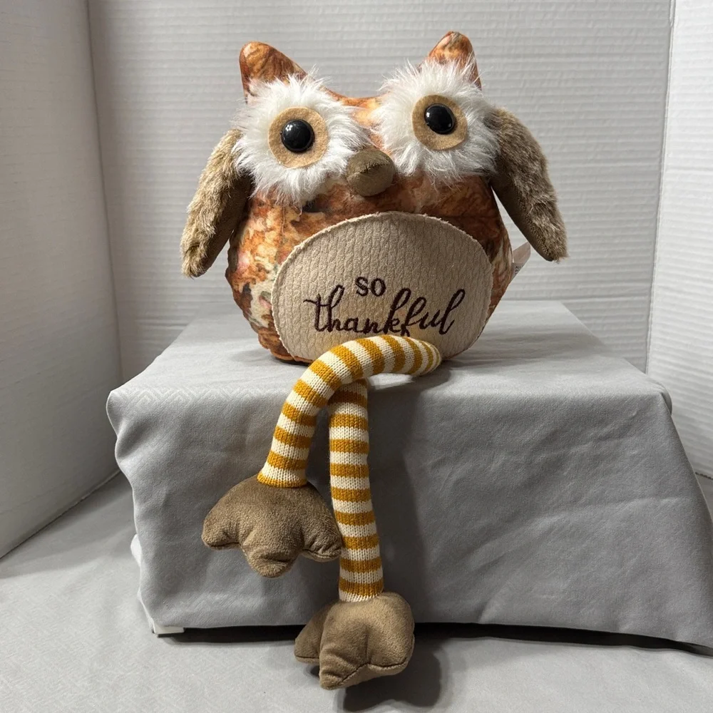 So Thankful Owl Plush Shelf Sitter with Striped Legs Big Eyes Furry Fall Colors
